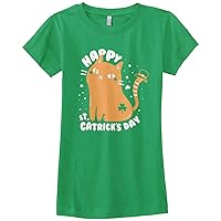 Threadrock Big Girls' Happy St Catrick's Day St Patrick's Cat Fitted T-Shirt