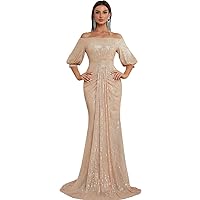 Women's Off Shoulder Puff Sleeve Sequin Formal Maxi Dress Evening Party Gowns