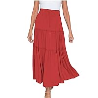 Summer Maxi Skirts for Women Drawstring Elastic High Waist Flowy Tiered A-Line Swing Skirts Casual Boho Beach Skirts