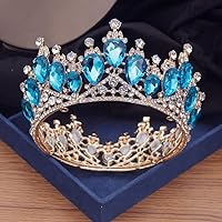 Gold Color Gorgeous Crystal Bridal Tiaras and Crowns Wedding Hair Jewelry Diadem for Women Party Prom Crown Head Ornaments (Gold Light Blue)