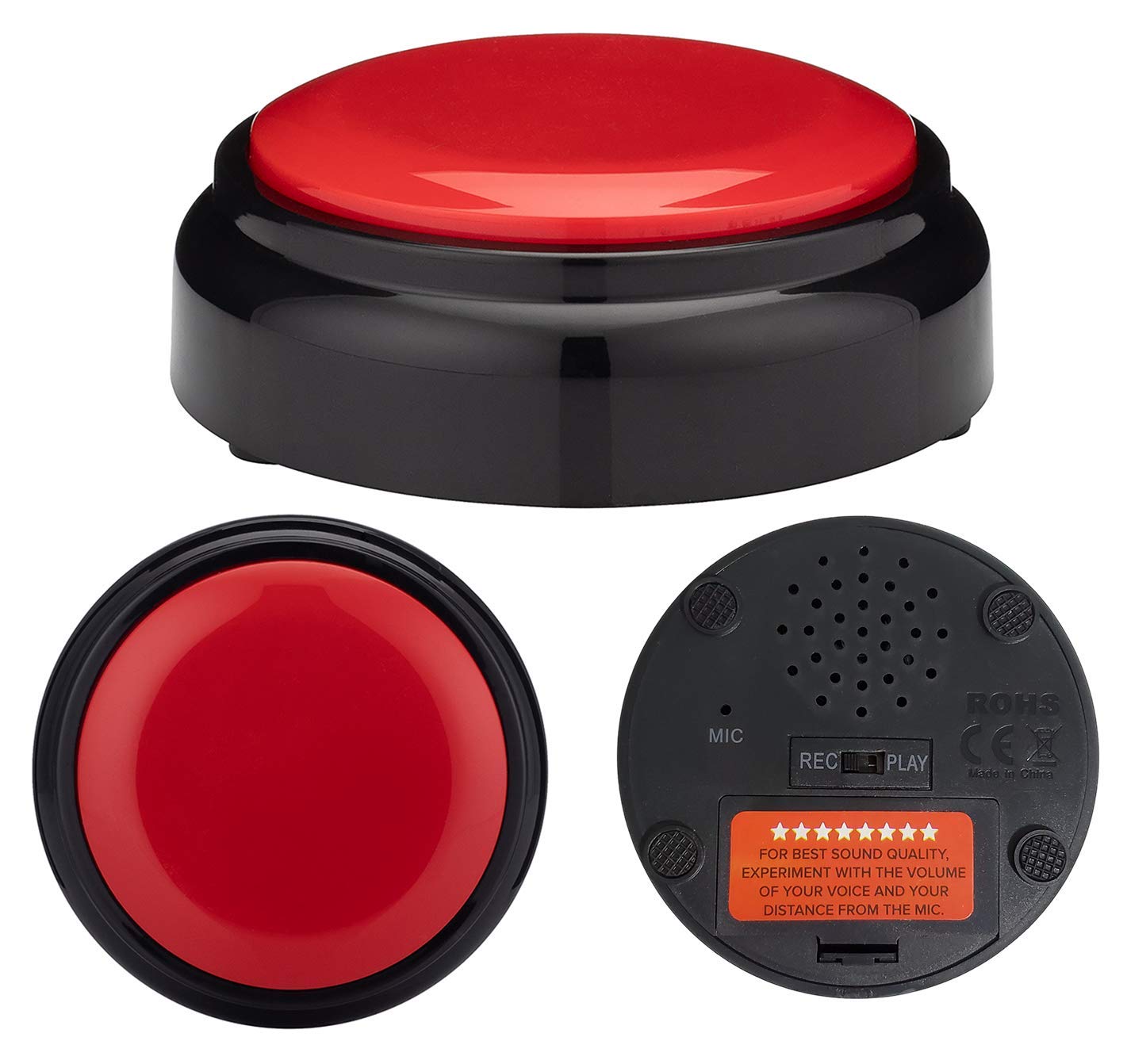Inventiv 30 Second Custom Recordable Talking Button, Record & Playback Your Own Message, Quality Voice Sound Recorder - 15 Phrase Stickers Included (Red)