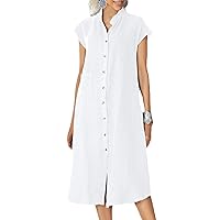 chouyatou Women Summer Loose Cap Sleeve Button Down Linen Shirt Dress Midi Casual Beach Dress with Pocket