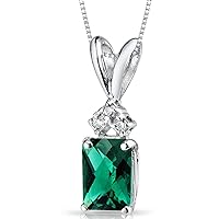 PEORA 14K White Gold Created Emerald with Genuine Diamond Pendant, Elegant Solitaire, Radiant Cut, 7x5mm, 1 Carat total