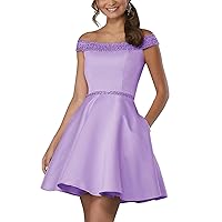 Off Shoulder Short Prom Gown Beaded A-line Cocktail Homecoming Dress with Pockets