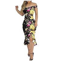 Off The Shoulder Ruffled Slit Slim Dress Womens Floral Print Dress
