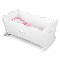 KidKraft Tiffany Bow Scalloped-Edge Wooden Lil Doll Rocking Cradle with Comforter, Pad and Pillow - White, Gift for Ages 3+