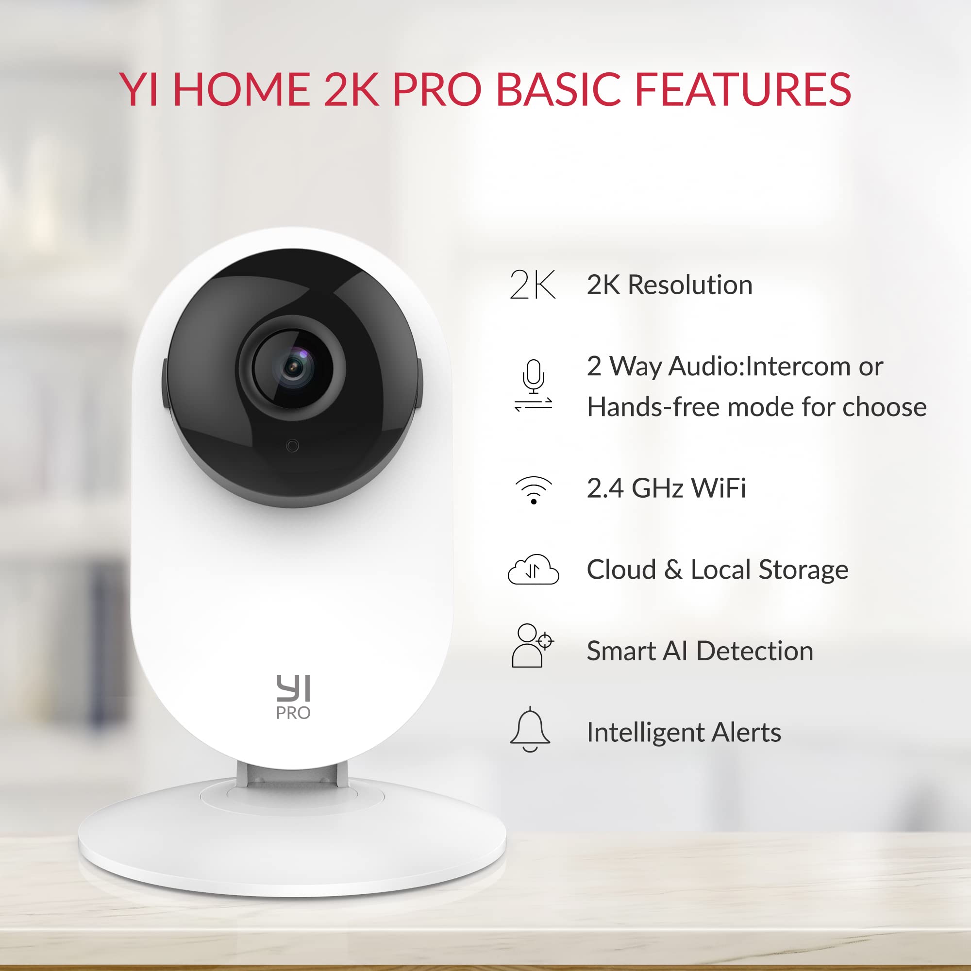 YI Pro 2K 4PC Home Security Camera, 2.4Ghz Indoor Camera with Person, Vehicle, Animal Detection, Phone App for Baby, Pet, Dog Monitoring, Compatible with Alexa and Google Assistant