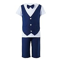 TiaoBug Little Boys Striped Gentleman Formal Outfit Short Sleeve T-Shirt Fake Double Jacket with Shorts Set