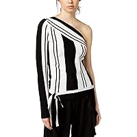 Womens Striped One Shoulder Blouse, Black, Small