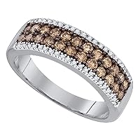 TheDiamondDeal 14kt White Gold Womens Round Brown Diamond 2-row Band Ring 3/4 Cttw