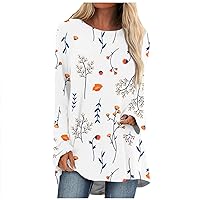 FYUAHI Women's Long Sleeve Shirts T-Shirt Flower Fashion Casual Floral Print Long-Sleeved Round Neck Mid-Length Top
