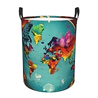 World Map Round waterproof laundry basket,foldable storage basket,laundry Hampers with handle,suitable toy storage