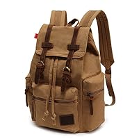 koolehaoda Vintage Canvas Backpack Leather Rucksack Knapsack Unisex Casual Backpack 17inch Laptop Backpack Hiking Bag(L Khaki)