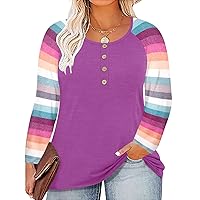 RITERA Plus Size Tops for Women Fall Long Sleeve Henley Shirts Casual Blouse Buttons Purple 4XL