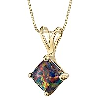 PEORA 14K Yellow Gold Created Black Opal Pendant for Women, Classic Solitaire, AAA Grade Cushion Cut, 6mm, 0.50 Carat total