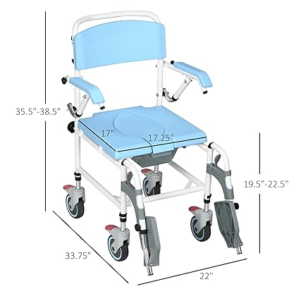 HOMCOM Accessibility Commode Wheelchair, Rolling Shower Wheelchair with 4 Castor Wheels, Rectangle Detachable Bucket, & Waterproof Design, 17