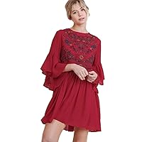 Umgee Women's Floral Embroidered Keyhole Bell Sleeve Mini Dress Bohemian