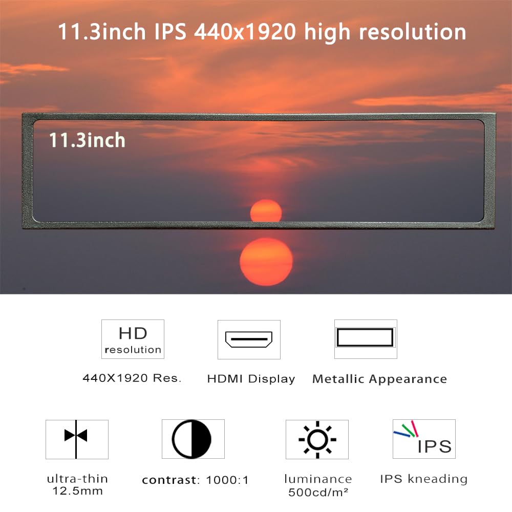 LESOWN 11.3inch Small Stretched LCD Mini Monitor Wide IPS 440x1920 Mini HDMI for Laptop PC Aida Display Ultrawide Portable Monitor