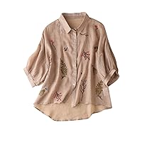 Women Drap Shoulder Puff Sleeve Button Down Shirts Fashion Embroidery Cotton Linen Summer Casual Loose Blosues