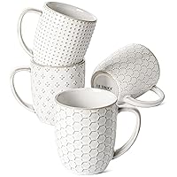 LE TAUCI Coffee Mugs 12 oz, Ceramic Mug Set, Embossment Cups for Latte, Hot Tea, Cappuccino, Mocha, Cocoa，Housewarming Wedding Gift - 3.4 inch, Set of 4, Arctic White