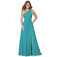 Women's Chiffon One Shoulder Bridesmaid Dresses Long Ruched Evening Formal Gowns with Slit
