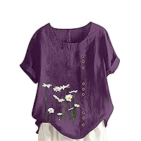 Women Tshirts Short Sleeve Tee Tops for Women Crew Neck Linen Daisy Flower Summer Fall Tee Shirt 2024