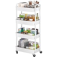 Sywhitta 4-Tier Plastic Rolling Utility Cart with Handle, Multi-Functional Storage Trolley for Office, Living Room, Kitchen, Movable Storage Organizer with Wheels, White