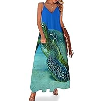 Ocean Sea Turtle Spaghetti Straps Long Dresses for Women Sleeveless Slip Dress Casual Sundress Tankdress
