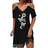 Black Dresses for Women Formal,Womens Casual Printed V Neck Off The Shoulder Splicing Lace Short Sleeve Dress L