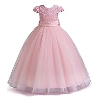 Girls Sequin Dress Flower Girls Dress V-Back Wedding Pageant Maxi Dresses Lace Party Ball Grown with Bow-Knot