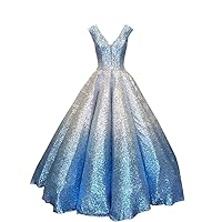 Sliver Ombre to Blue V Neck Back A line Prom Formal Dresses Evening Gowns Ruched Glitter Sequined 2024