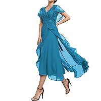 Chiffon Mother of The Bride Dress for Wedding Lace Applique Ruffle Sleeves Pleated Formal Party Gown for Women RO44