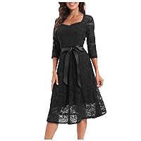 Black Blouses for Women Dressy Casual,Women’s Vintage Lace Floral Lace Dress 3/4 Sleeves Bridesmaid Midi Dresse