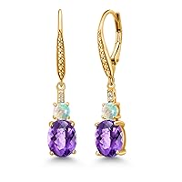 Gem Stone King 18K Yellow Gold Plated Silver Purple Amethyst and White Opal Dangle Earrings for Women with Lab Grown Diamond (3.53 Cttw, Oval Checkerboard 9X7MM)