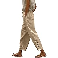 Olzeep Striped Side Pocket Pant Button Down Crop Capris Pants Loose Fit Summer Casual Linen Pants Trousers with Pockets