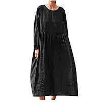 Oversized Cotton Linen Kaftan Dress Women Casual Long Sleeve Babydoll Dresses Solid Crewneck Shirt Dress with Pocket