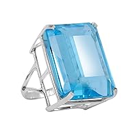 REAL-GEMS Man Made Swiss Blue Topaz 82 CT Solid 925 Silver Emerald Cut Ring for Gifts Stunning Gemstone Ring for Gifts
