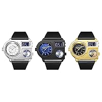 JewelryWe Men's Watch Analogue Quartz Three Time Zone Wrist Watch Men Leather Strap Unique Oversized Watch Sports Watch with Dual Display Dial Gift