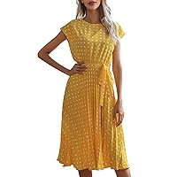 Wedding Guest Dresses for Women Summer, Ladies Spring Fashion Pleated Tunic Round Neck Printed Short Sleeve Dress