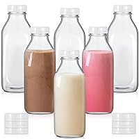 Peryiter 6 Pcs Glass Milk Bottle with Lid Reusable Clear Milk Jar with Lids for Fridge Glass Milk Container for Refrigerator Milk Glass Bottles with 12 Plastic Cap for Juice Honey Maple Syrup (10 oz)