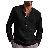 Linen Shirts for Men,Long Sleeve 2024 Trendy Plus Size T-Shirt Solid Fashion Casual Button Top Blouse Outdoor Shirt Lightweight Tees Black XXXL