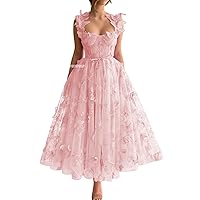 Women's Tulle Prom Dresses Long 3D Butterfly Spaghetti Straps Formal Evening Gowns with Slit Tea Length Party Dress