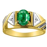 Rylos Mens Rings 14K Yellow Gold - Mens Simulated Emerald & Diamond Ring Band 8X6MM Color Stone Gemstone Rings For Men Mens Jewelry Gold Rings