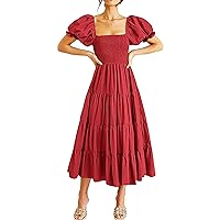 Women Casual Square Neck Puffy Short Sleeve Smocked Waist Tiered Boho Dress Summer Midi A line Open Back Dress