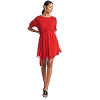 Elina fashion Women's Faux Georgette Flared Mini Cap Sleeve Solid Dress Crewneck Summer Casual Tiered Dresses
