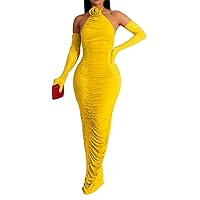 Womens Sexy Removable Sleeve Glove Halter Ruffles Lace Paneled Bodycon Party Clubwear Prom Dress