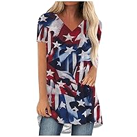 American Flag T Shirt Womens Tunics or Tops to Wear with Leggings USA Star Stripes Shirts Short Sleeve Flowy Blouse