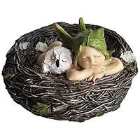 Top Collection 4202 Sleeping Fairy Baby with Owl in Nest Figurines, White, Brown, Cream, Green