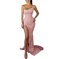 Sequins Strapless Prom Dresses with Train Glitter Sweetheart Evening Party Dresses High Split Mermaid Formal Gowns DR0450
