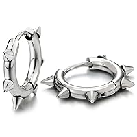 Pair Stainless Steel Spike Circle Huggie Hinged Hoop Earrings Men Women